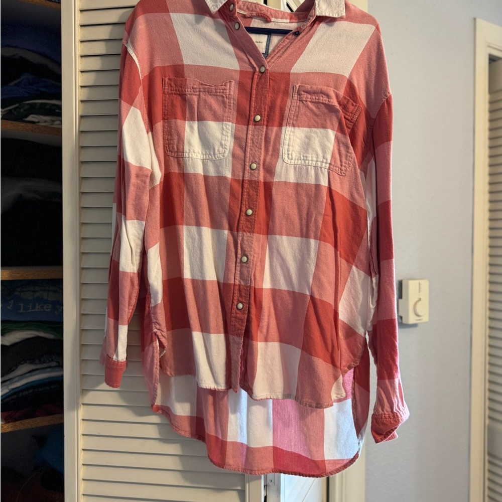 Red and White Plaid Button-Up Shirt